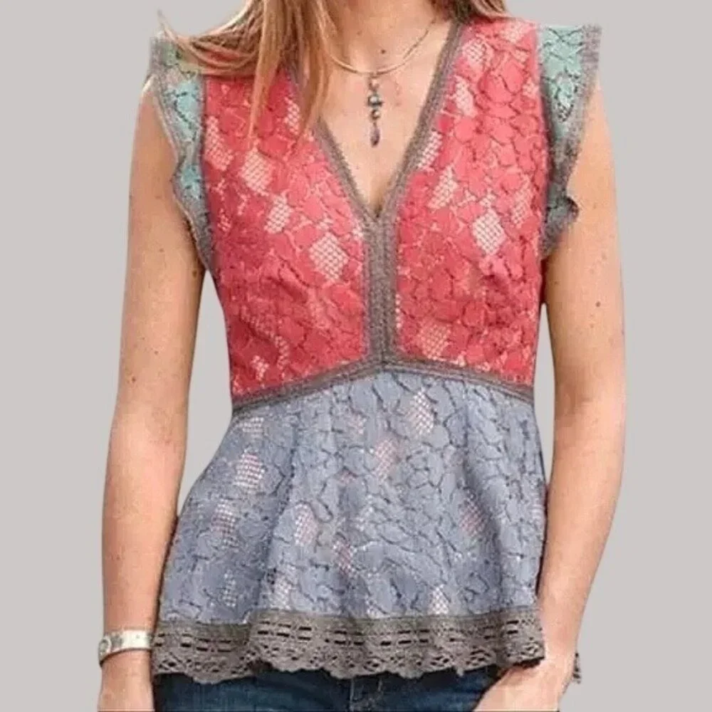 Sundance Coral Pink and Light Blue Lace Peplum Blouse - Picture 1 of 9